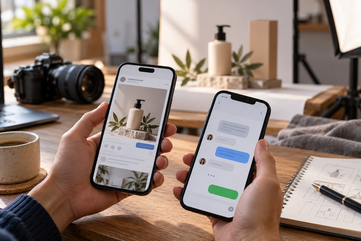 Anuncio de producto en un teléfono y conversación comercial en otro dispositivo.