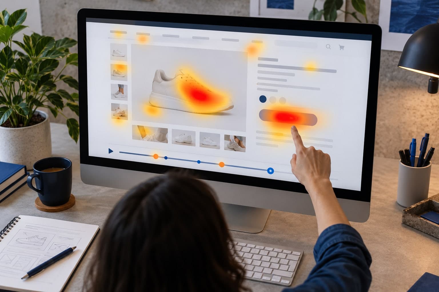 Análisis de un sitio web con zonas de atención representadas como un mapa de calor.
