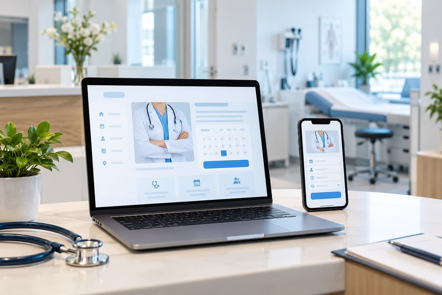 Sitio de una clínica y formulario de citas en una recepción médica.