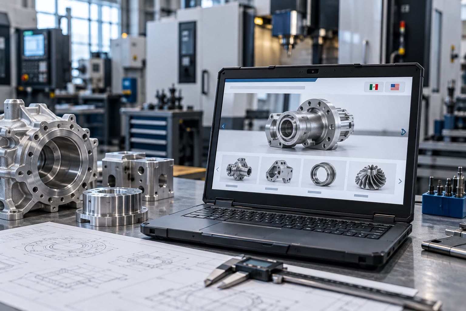 Catálogo industrial digital junto a piezas mecanizadas y herramientas de precisión.