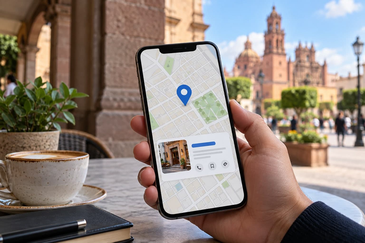 Búsqueda local en un mapa de negocios desde un teléfono en un entorno urbano.