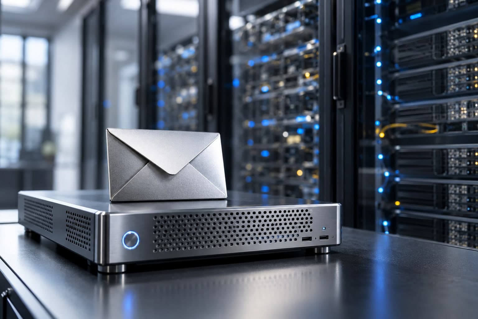 Sobre de correo junto a un servidor privado frente a infraestructura compartida.