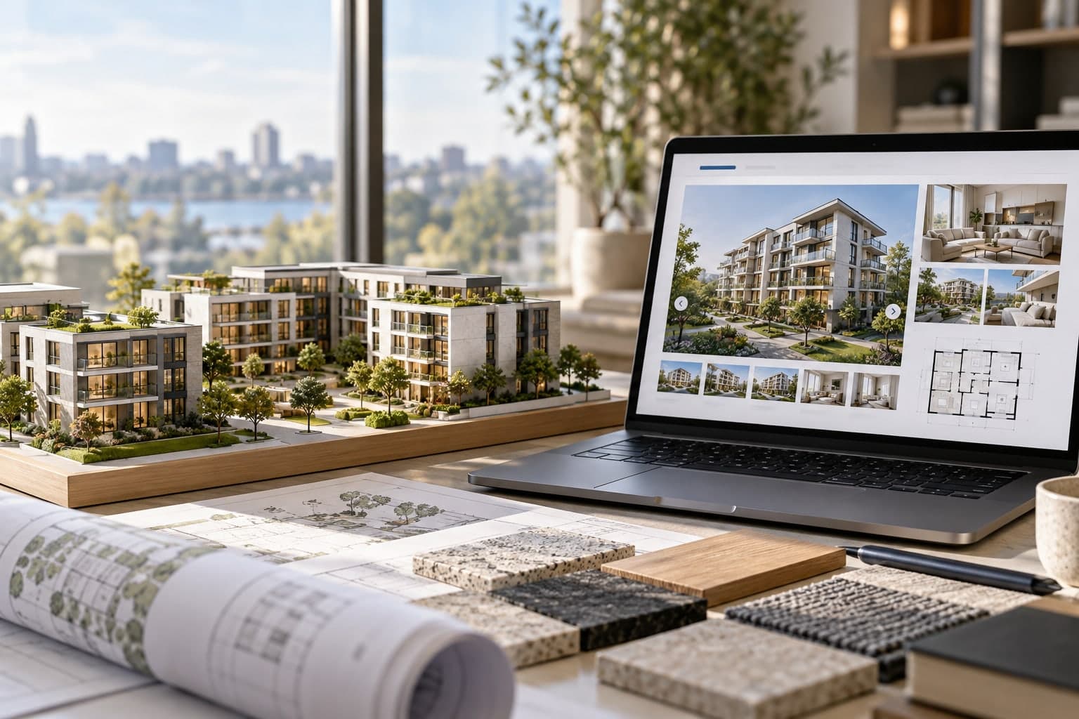 Maqueta de departamentos y sitio inmobiliario con fotografía y planos.