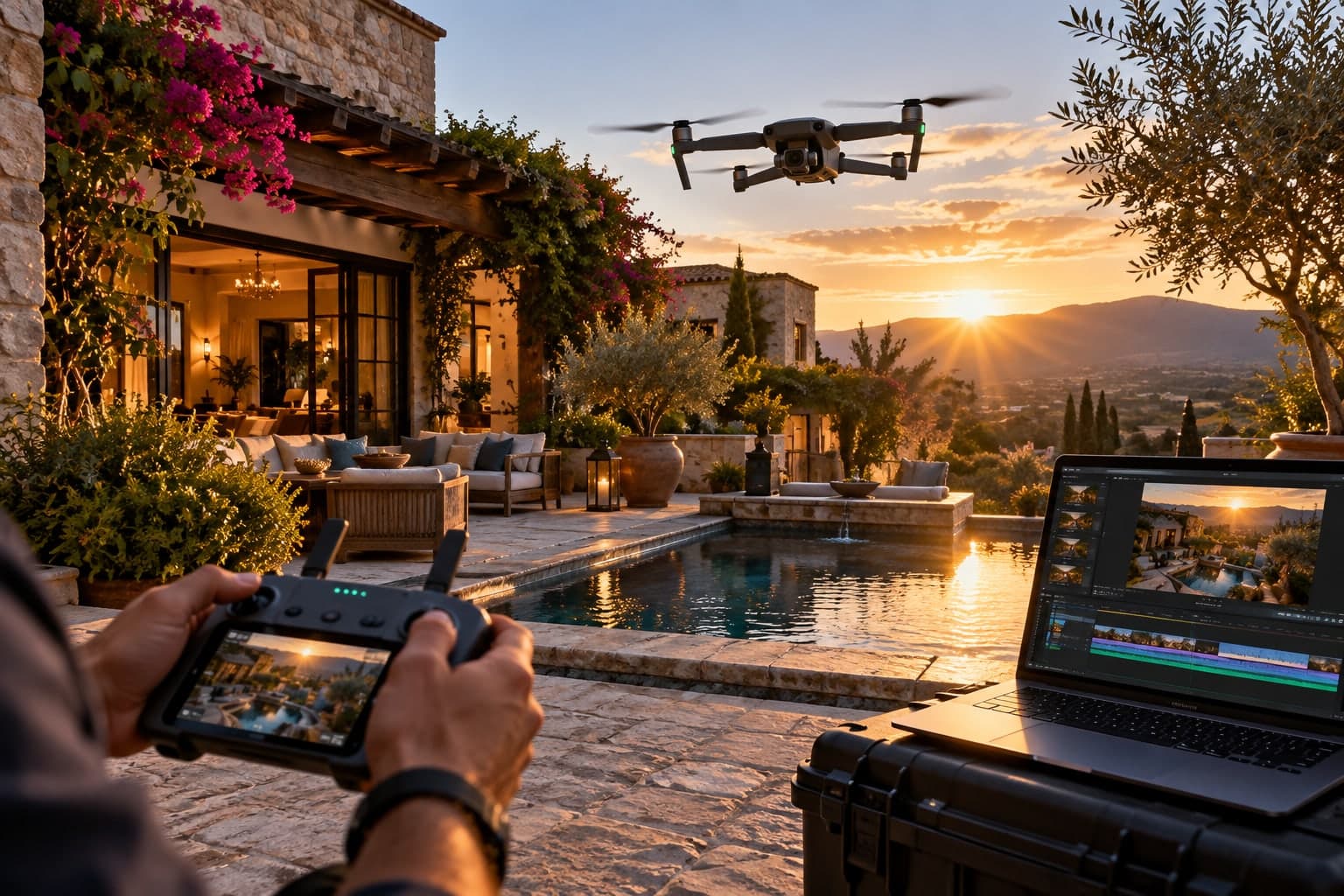Dron de producción audiovisual sobre una propiedad y equipo para editar el material.